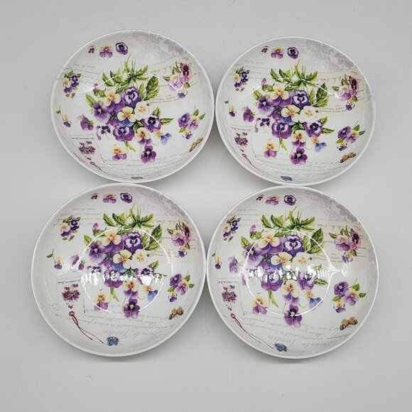 Set Of 4 Dora Papis Easy Life Purple Floral Fine Bone China Sauce Bowls Pansies - Picture 4 of 9